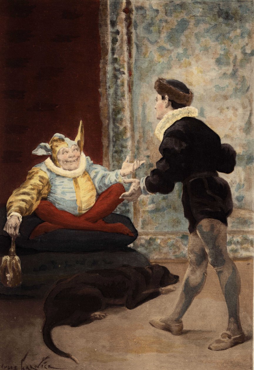 Discusión entre Triboulet y Panurge. Pantagruel. Ilustración de Jules Garnier. En "Rabelais y la obra de Jules Garnier". de Jules Arsene Garnier