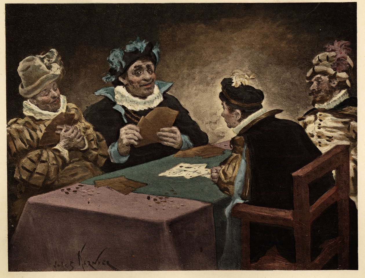Hombres jugando a las cartas. Gargantúa. Ilustración de Jules Garnier. En "Rabelais y la obra de Jules Garnier". de Jules Arsene Garnier
