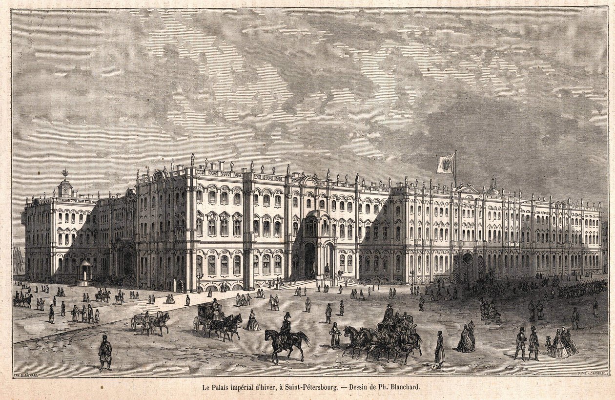El Palacio Imperial de Invierno en San Petersburgo. Dibujo de Blanchard de Jules Blanchard