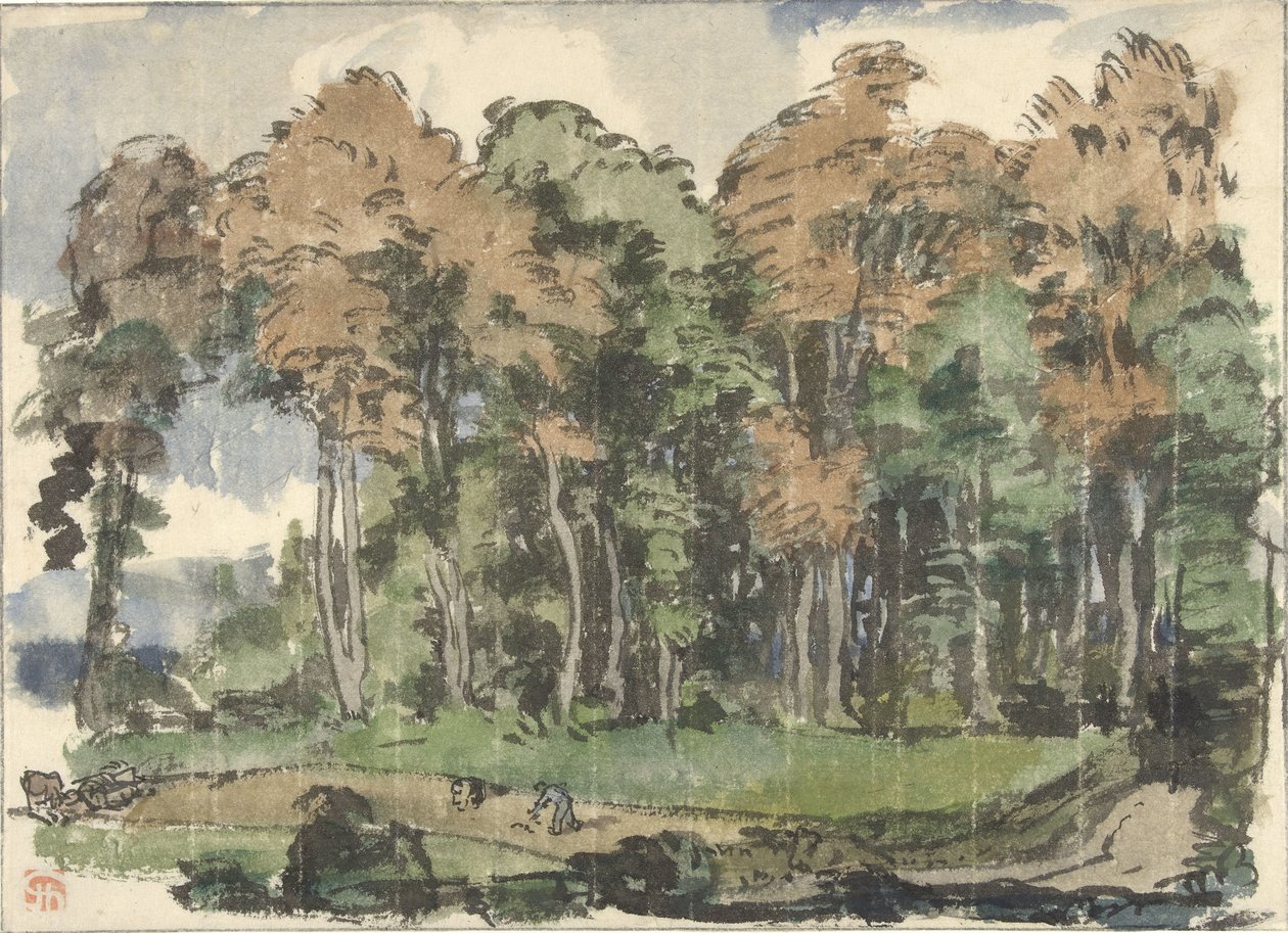 Carretera al borde de un bosque, con paisanos trabajando de Jules Chadel