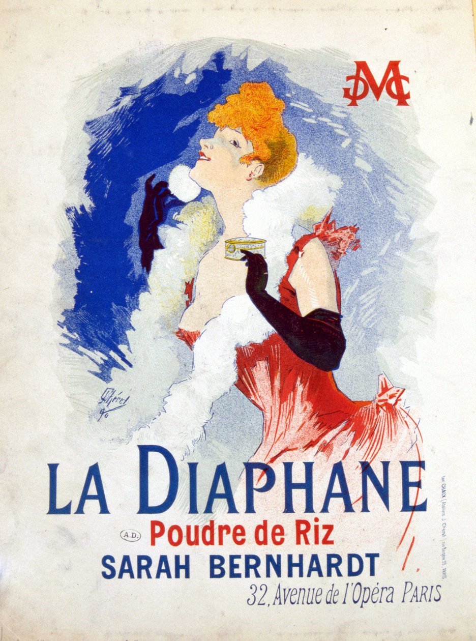 Publicidad de "La Diaphane: Polvo de Arroz" Henriette Rosine Bernard, conocida como Sarah Bernhardt de Jules Cheret