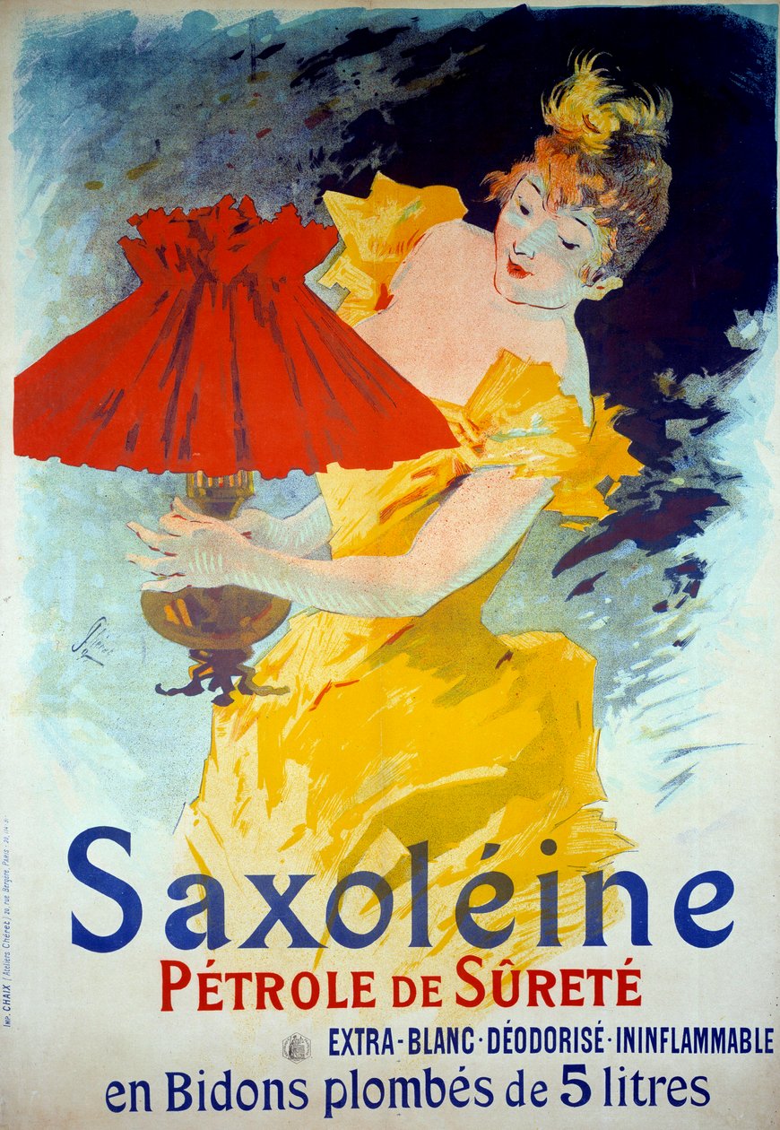 Cartel publicitario del producto "Saxoleine Petrole de surete": Una mujer pone aceite en una lámpara. Cartel publicitario 