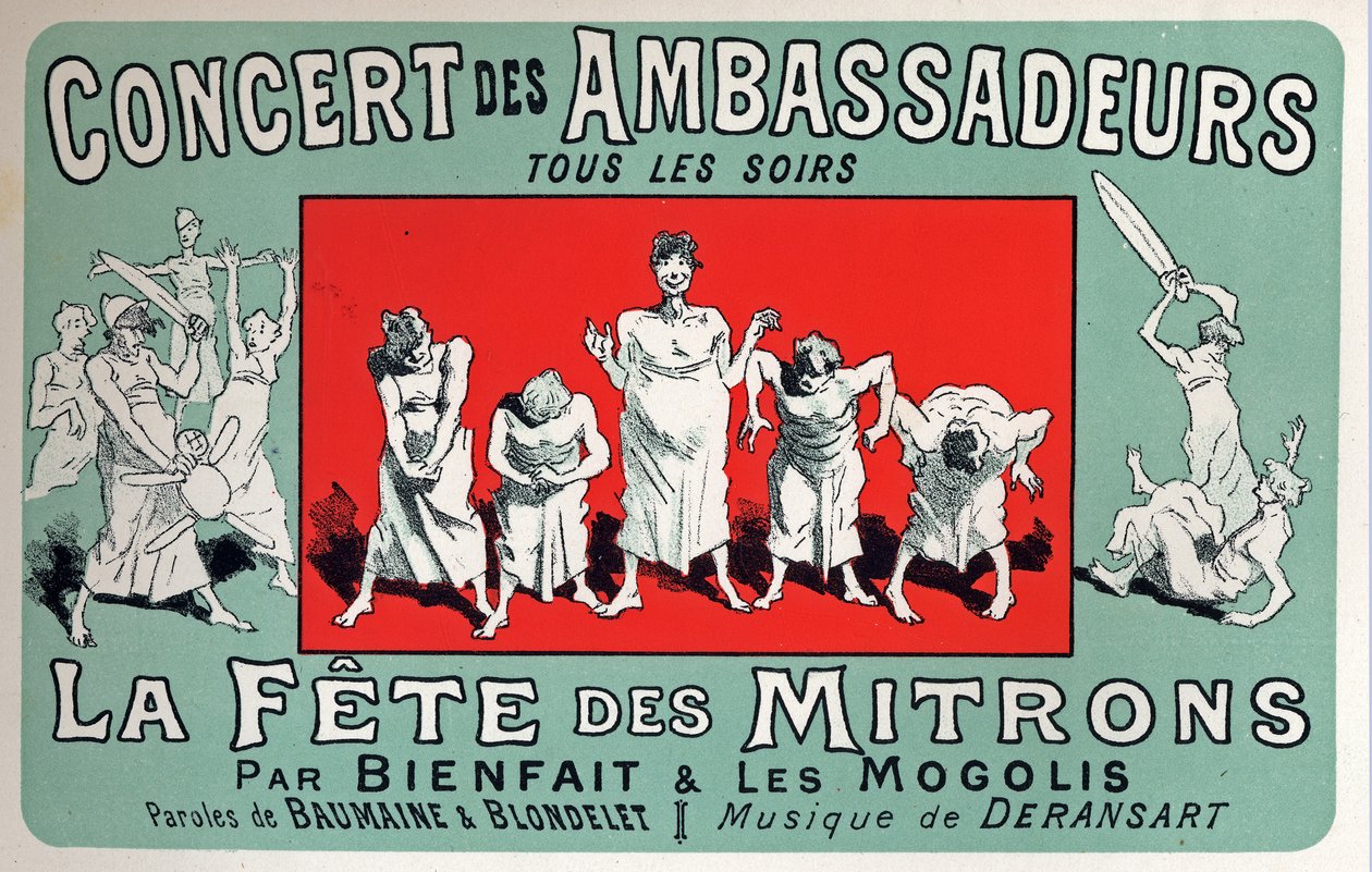 Arte. Entretenimiento. Fiesta de los chicos panaderos en el Cabaret: Concierto de los Embajadores, París. Póster de Jules Chéret, Francia, c.1880 de Jules Cheret