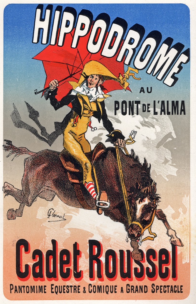 Arte. Entretenimiento. Cadet Roussel, espectáculo ecuestre en el Hipódromo del Puente del Alma, París. Cartel de Jules Cheret, Francia, c.1880 de Jules Cheret