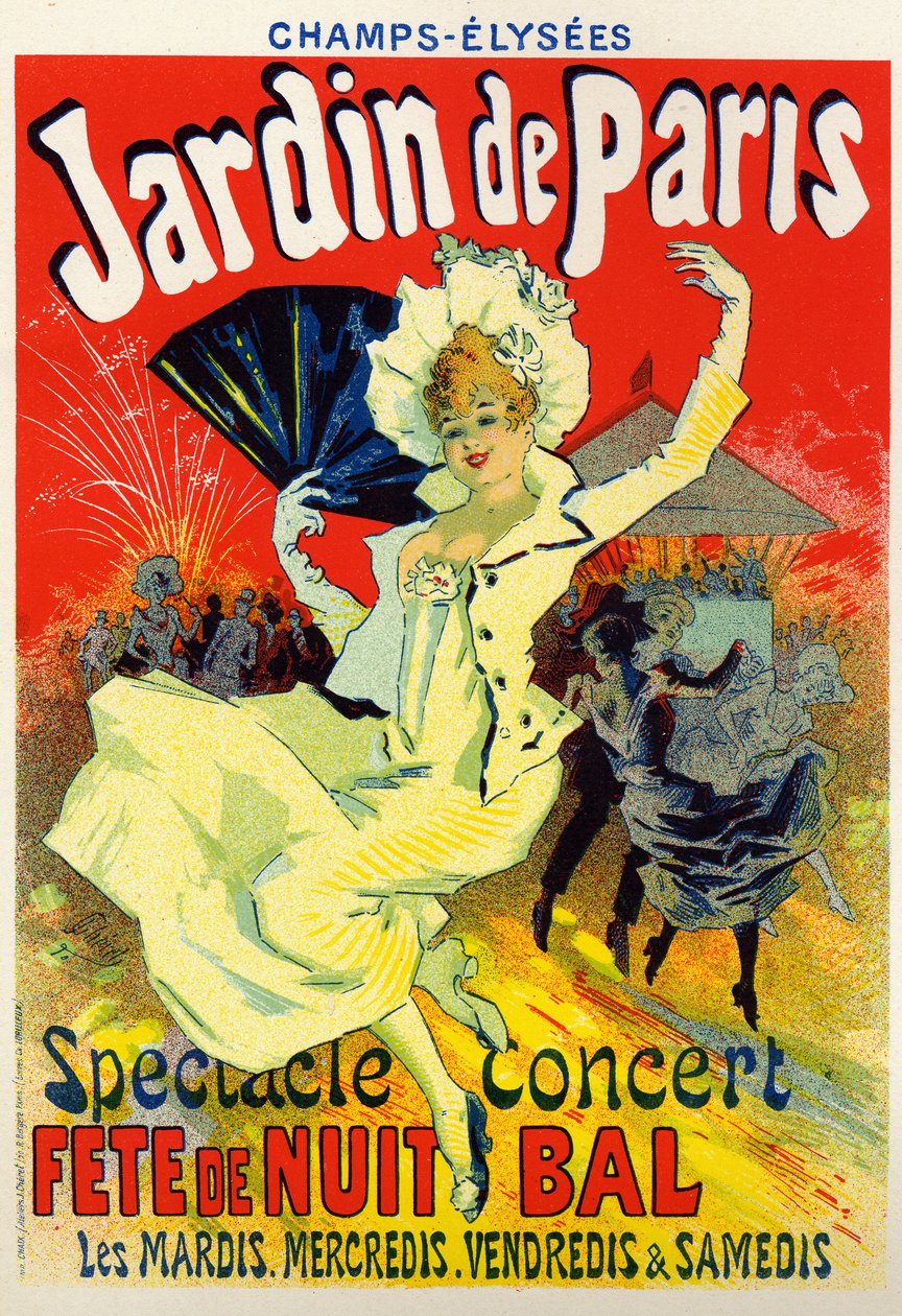 Arte, Entretenimiento. Jardín de París, baile en los Campos Elíseos, París. Póster de Jules Chéret, Francia, c.1895 de Jules Cheret