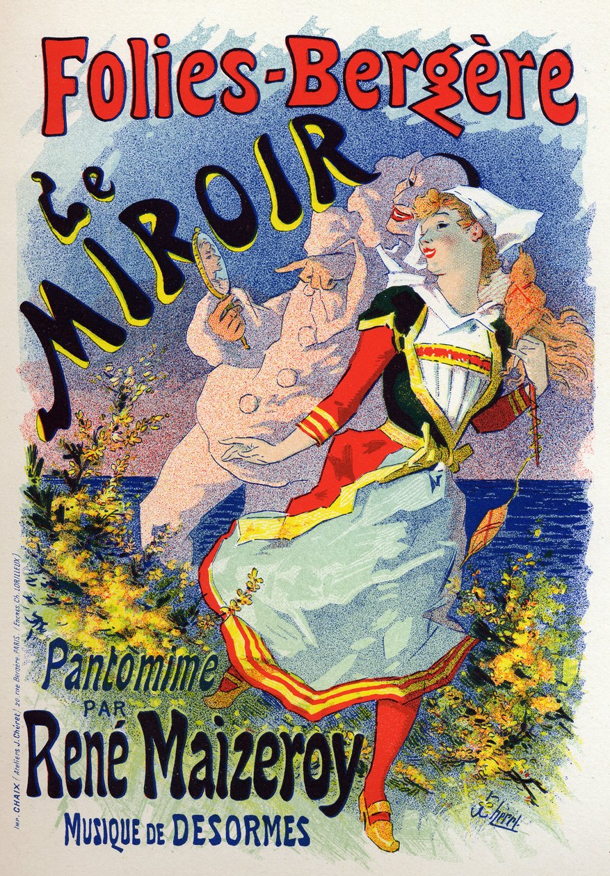 Arte. Entretenimiento. El espejo, espectáculo de mimos en el cabaret Les Folies Bergères, París. Póster de Jules Chéret, Francia, c.1890 de Jules Cheret