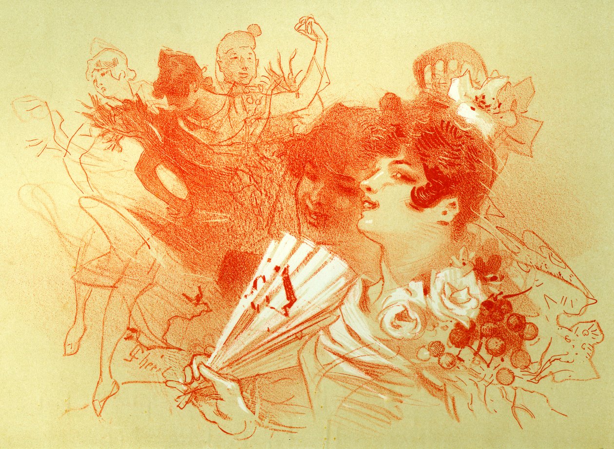 En el baile - dibujo (sanguina) por Jules Cheret - mujeres jóvenes y bailarines - danza - colección privada - de Jules Cheret