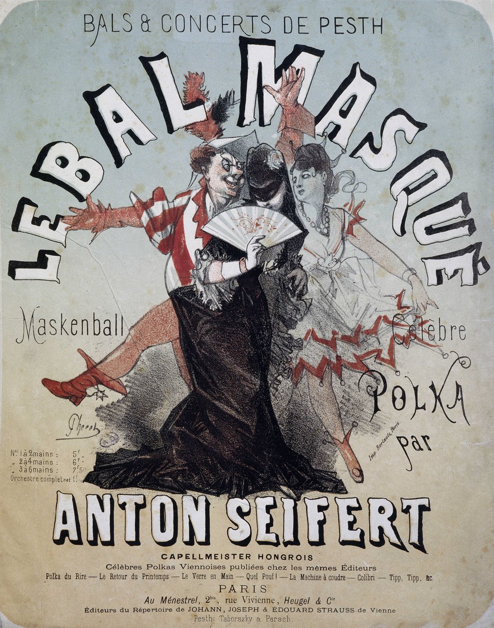 Baile y concierto de Pesth: el baile de máscaras (Maskenball, famosa polka de Anton Seifert) - cartel de Jules Cheret, n.d. de Jules Cheret