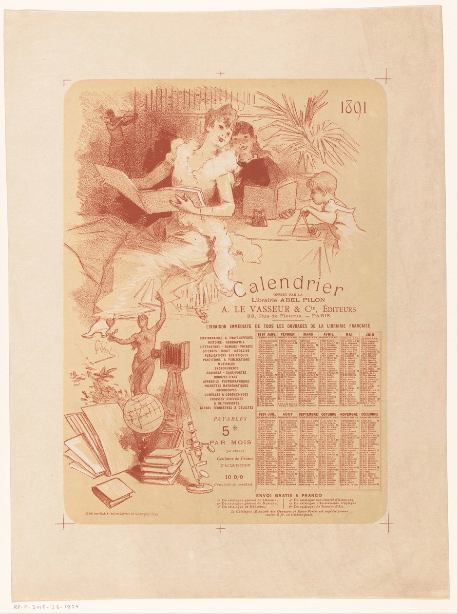 Calendario de la librería Abel Pilon y del editor A. Le Vasseur & Cie para el año 1891 de Jules Cheret