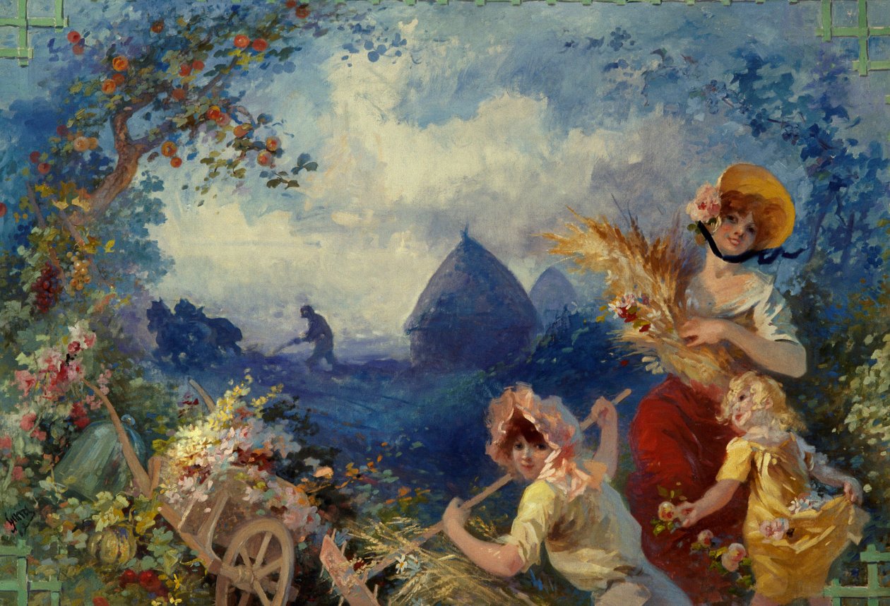 La Tierra Alegoría representando a mujeres jóvenes sosteniendo espigas de trigo contra un fondo de cosecha. Cartón para tapiz de Jules Chéret (1836-1932) siglo XX Niza, Museo Chéret de Jules Cheret