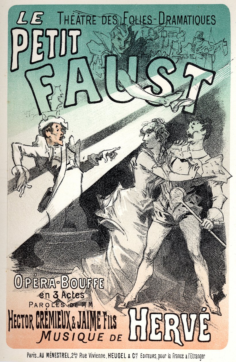 Música. El pequeño Fausto, opereta de Hervé. Cartel de Jules Cheret para una representación en París de Jules Cheret