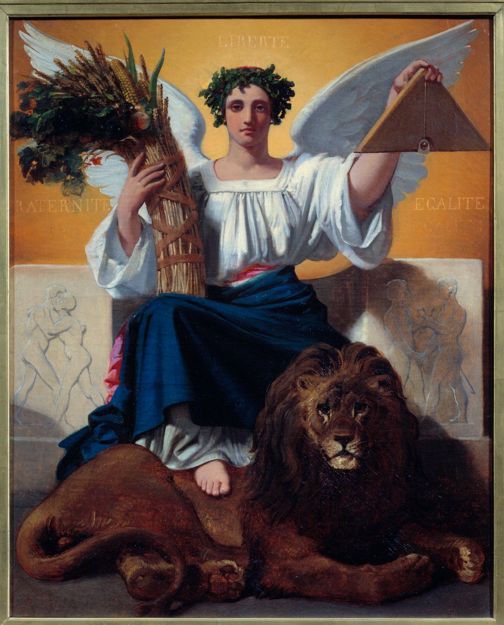 La República. Alegoría que representa la república como una mujer ángel con una corona símbolo de libertad, sosteniendo el haz, símbolo de fraternidad, y el delta, símbolo de igualdad, con los pies sobre un león, símbolo de poder. El lema 