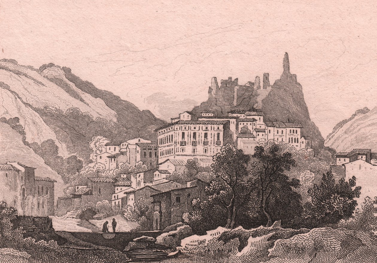 Vista de Nicastro, Calabria, Italia, grabado en acero de Dunaime sobre dibujo de Jules Coignet (1798-1860), ca 13x10 cm de Jules Coignet