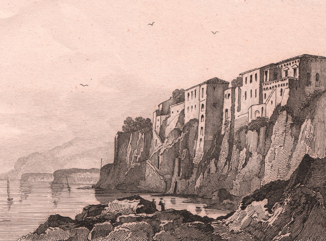 Vista de Sorrento con la casa de Torquato Tasso, Campania, Italia, grabado en acero de Sauvage sobre dibujo de Jules Coignet (1798-1860), ca 13x10 cm de Jules Coignet