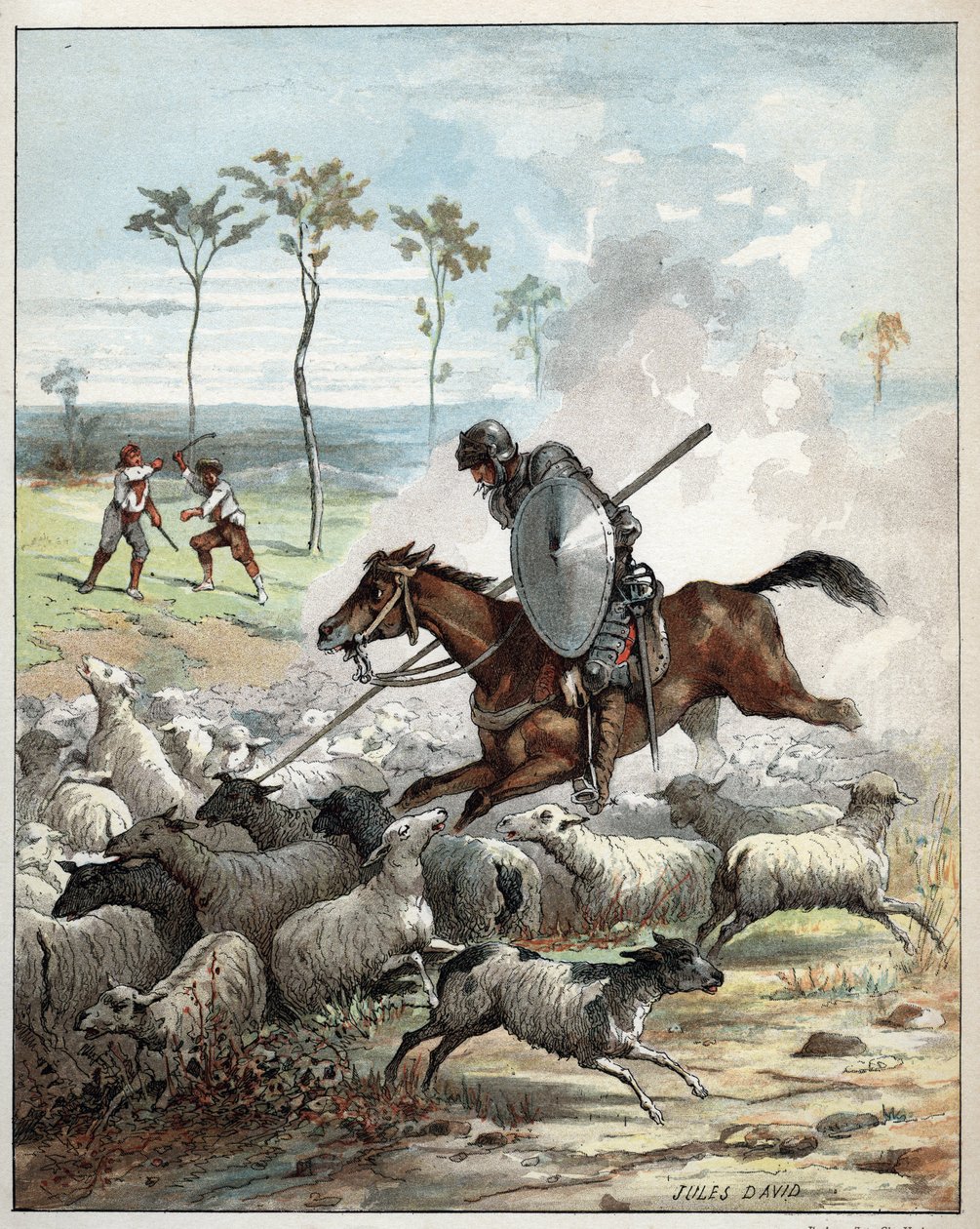 Don Quijote matando ovejas pensando que eran caballeros - Don Quijote en su caballo atraviesa las ovejas que toma por caballeros - Ilustración de Jules David (1808-1892) de la Historia de Don Quijote - 1887 - por Miguel de Cervantes Saavedra (1547-1616). de Jules David