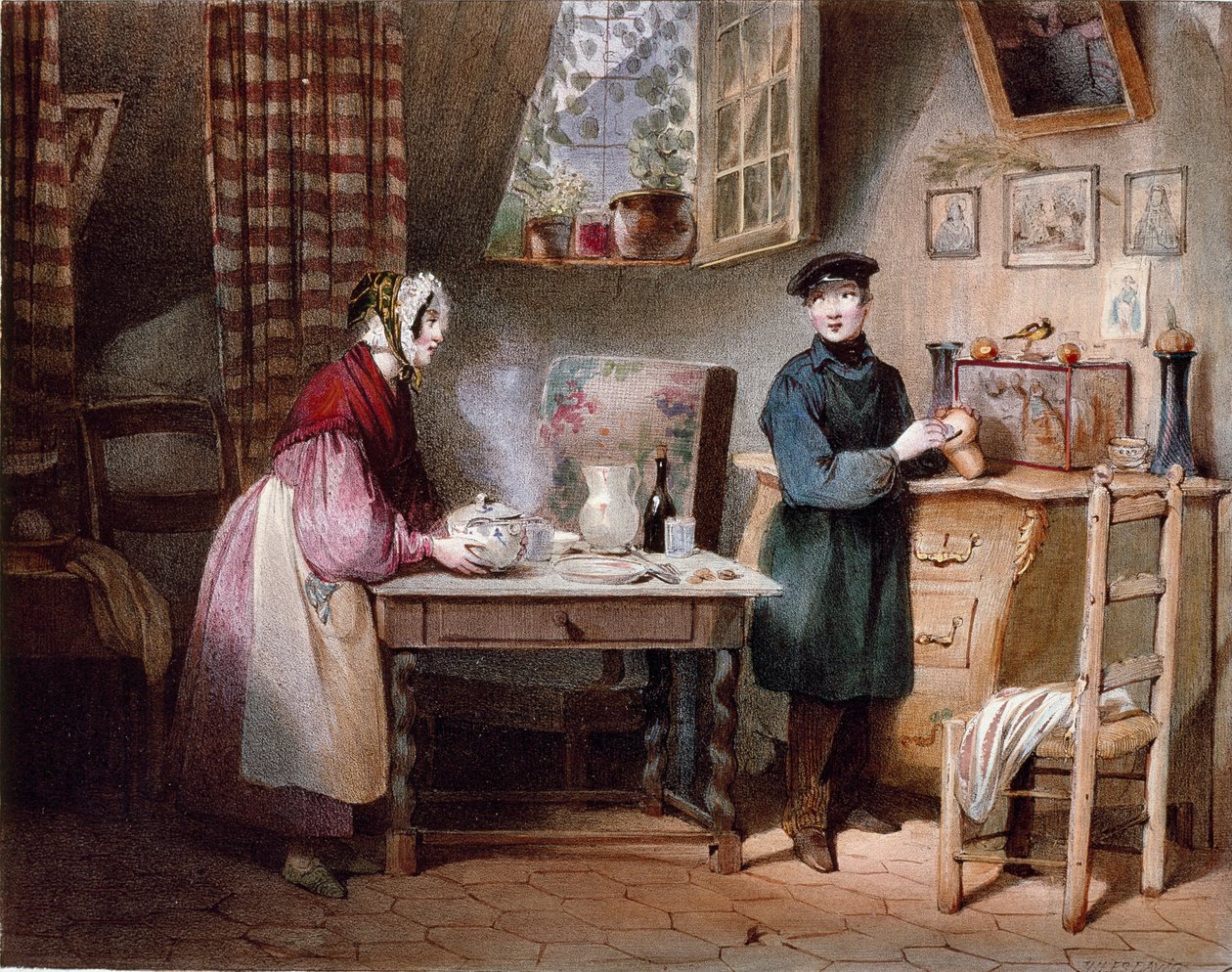 Economía. Pareja joven en una casa: la mujer pone un sorbo en la mesa y el hombre pone una moneda en una alcancía. Grabado en color de Jules David (siglo XIX) París, Museo Carnavalet de Jules David
