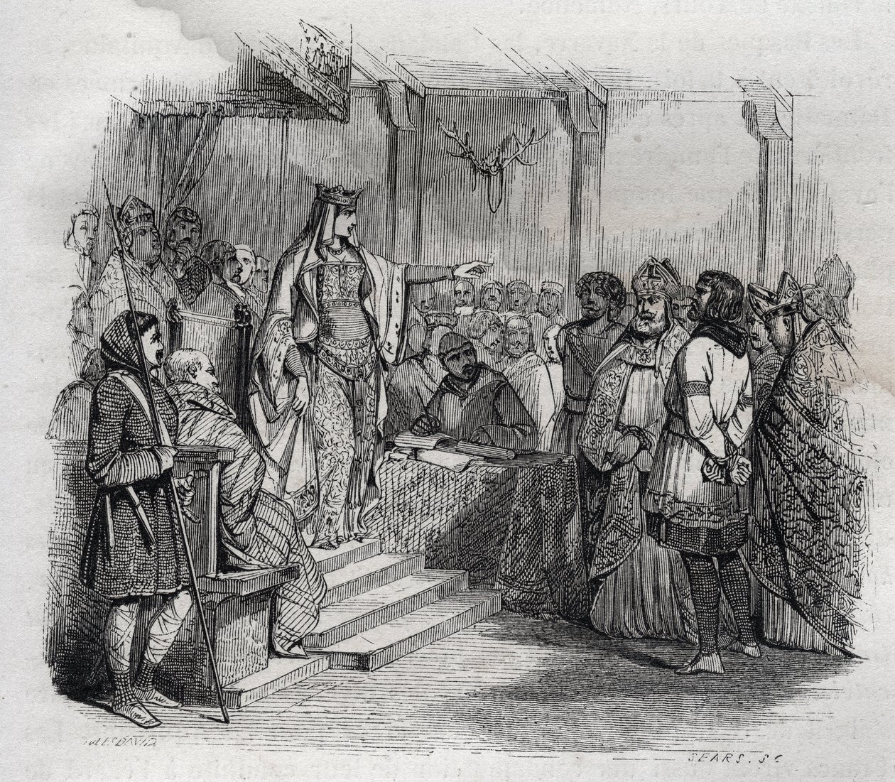 Ermengarde de Hesbaye (778-818) (Hermengarde de Hesbaye) sentenció a muerte a Bernardo de Italia (797-818) después de ser perdonado por Luis el Piadoso, pero debe sufrir el castigo de la ceguera - grabado en “Histoire de France” por Theodose Burett de Jules David