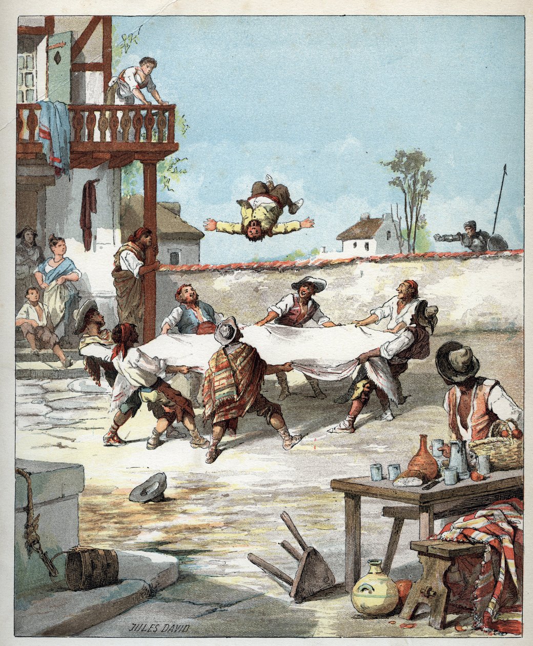 En la posada, Sancho Panza es maltratado, llama a su amo Don Quijote para que lo ayude - En el hotel, unos gañanes hacen volar a Sancho Panza con una manta, Sancho llama a su amo Don Quijote - Ilustración de Jules David (1808-1892) de "Historia de Don Quij de Jules David