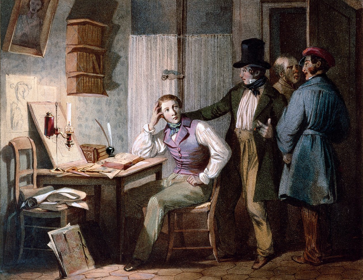 Estudio. Un estudiante estudioso en su oficina se queda trabajando mientras sus amigos salen. Grabado en color de Jules David (siglo XIX). París, Museo Carnavalet de Jules David
