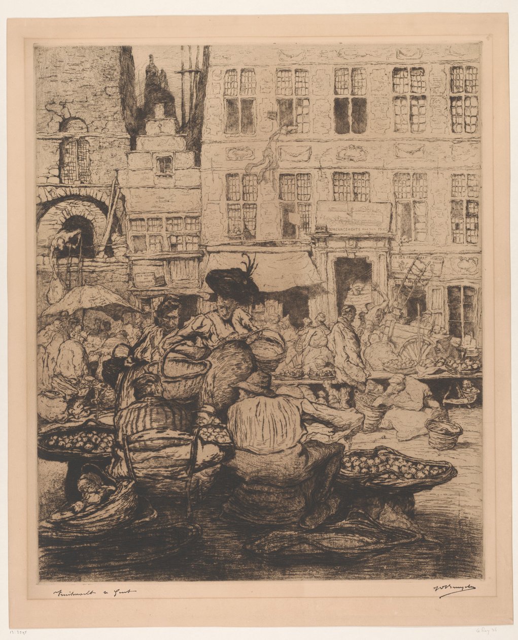 Paisaje urbano con mercado de frutas en Gante Mercado de frutas en Gante (título sobre objeto) de Jules De Bruycker (signed by artist)