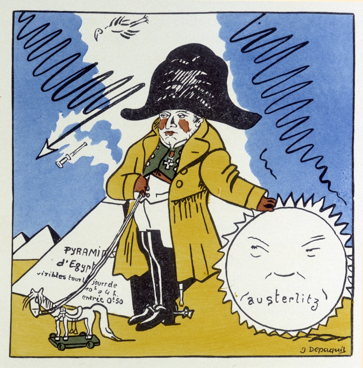 Austerlitz, Jena, Wagram: Caricatura sobre Napoleón I - en “Historia de Francia” por Jules Depaquit, ilustrado por él mismo, ed. jonquières, París de Jules Depaquit
