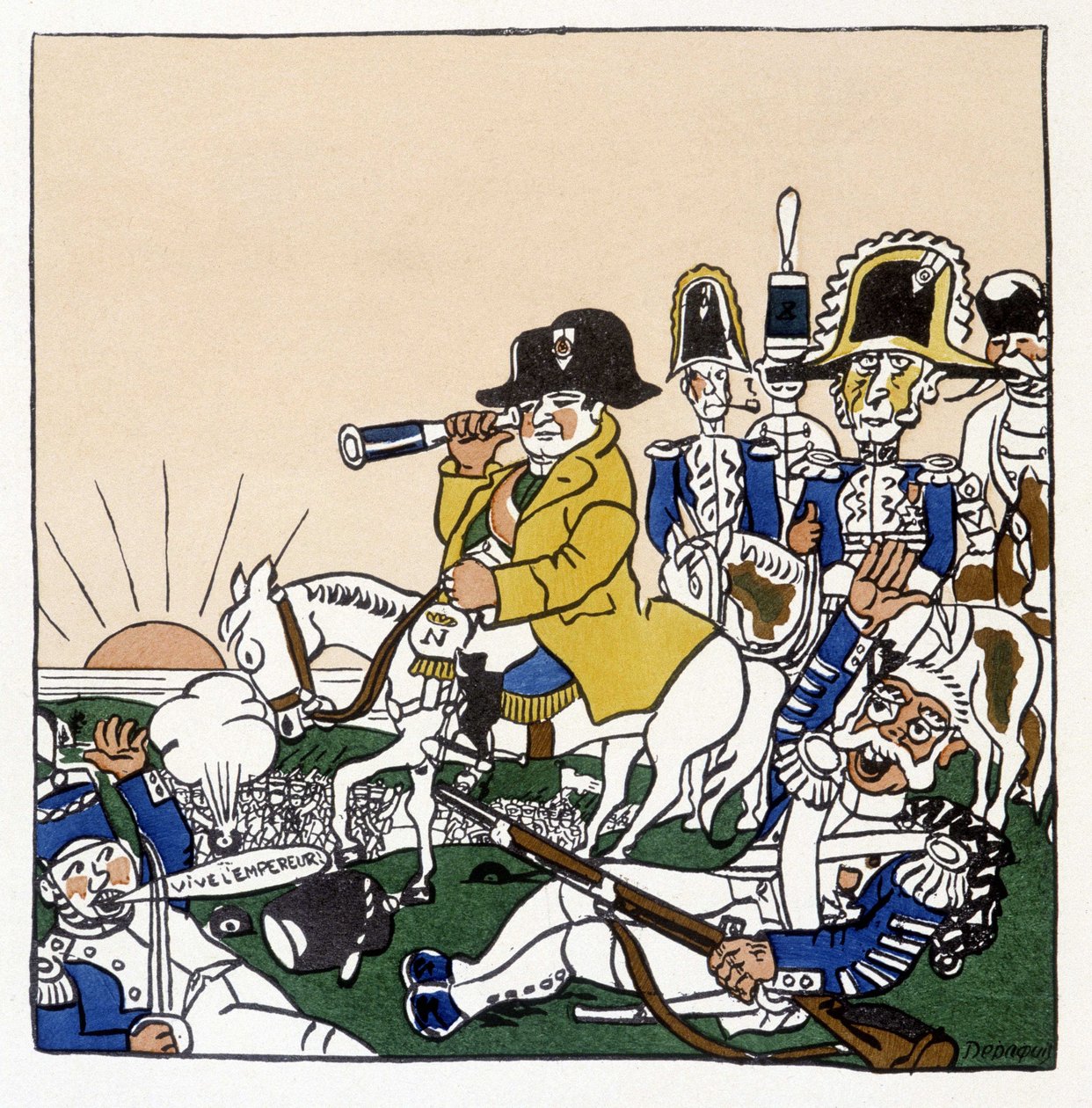 Napoleón en la Batalla de Austerlitz (1805) - en “Histoire de France” por Jules Depaquit, ilustrado por él mismo, ed. Jonquières, París de Jules Depaquit
