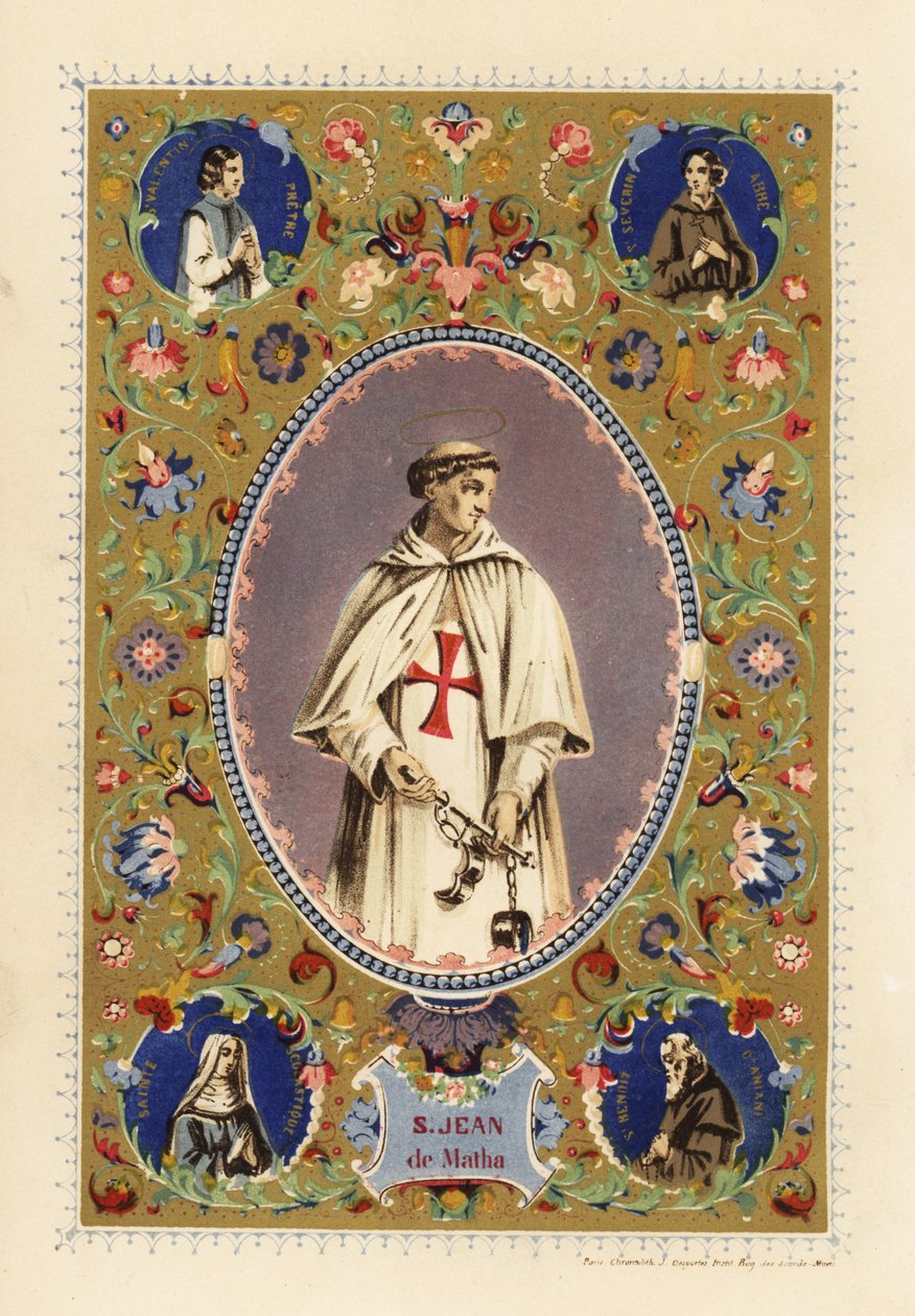 Retrato de San Juan de Matha, fundador de la Orden de la Santísima Trinidad, con aureola, con túnica de cruzado, sosteniendo grilletes de cristianos liberados de Jules Desportes