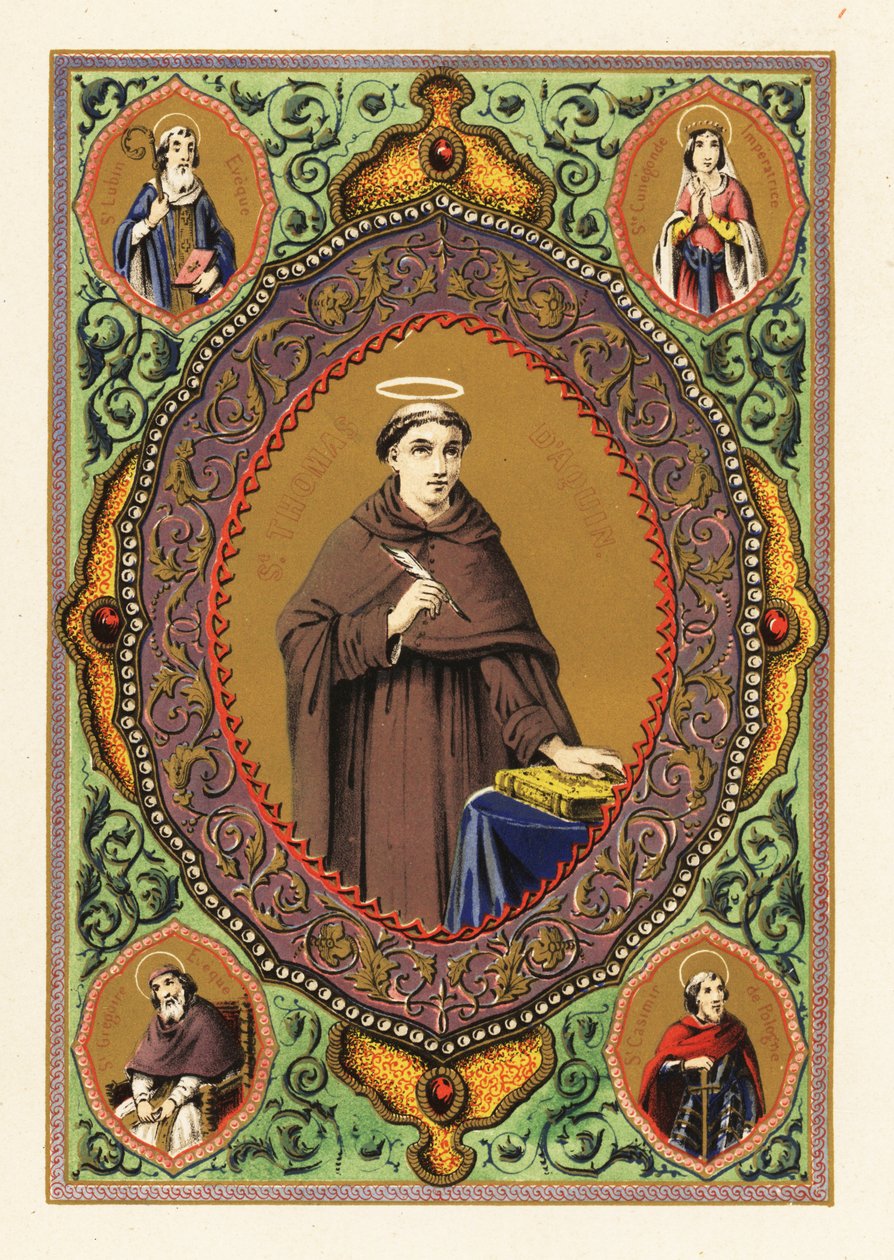 Retrato de Santo Tomás de Aquino, con aureola, pluma y Biblia, en una orla decorativa de follaje y dorado de Jules Desportes