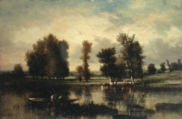 Barco en el borde del río de Jules Dupré
