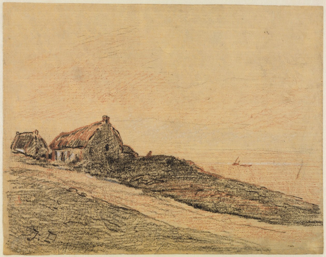 Paisaje costero cerca de Cayeux con dos cabañas de Jules Dupré