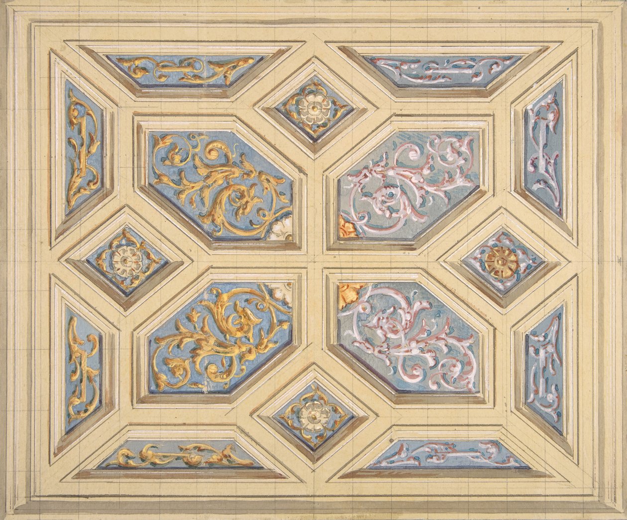 Diseño para un techo artesonado decorado con rinceaux, 1840-97 de Jules Edmond Charles Lachaise and Eugène Pierre Gourdet