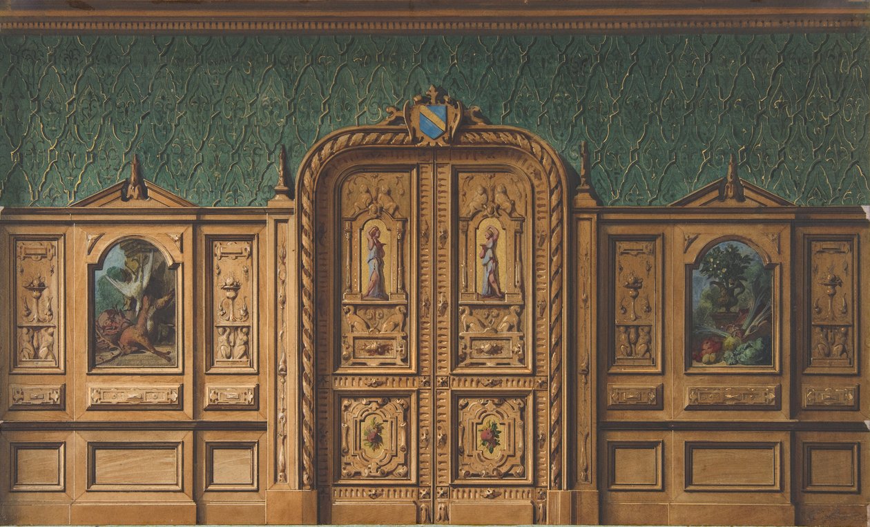 Diseño para una habitación con paneles de madera con pinturas y una puerta doble tallada, 1830-97 de Jules Edmond Charles Lachaise and Eugène Pierre Gourdet