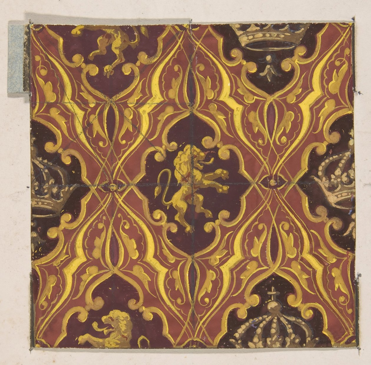Diseño para papel tapiz con leones rampantes y coronas de Jules Edmond Charles Lachaise and Eugène Pierre Gourdet