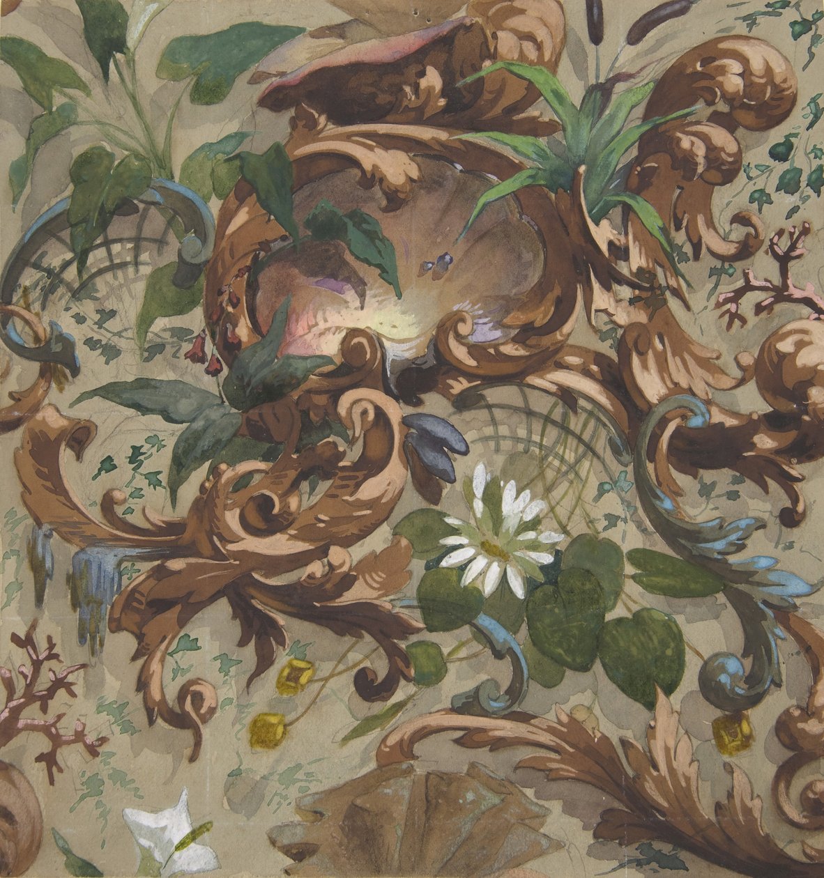 Diseño para papel tapiz con conchas, nenúfares y juncos, 1830-97. Creadores: Jules-Edmond-Charles Lachaise, Eugène-Pierre Gourdet de Jules Edmond Charles Lachaise and Eugène Pierre Gourdet