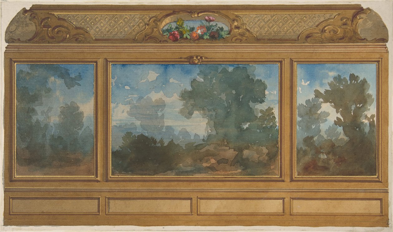 Elevación de un interior panelado decorado con paisajes pintados y covachas de Jules Edmond Charles Lachaise and Eugène Pierre Gourdet