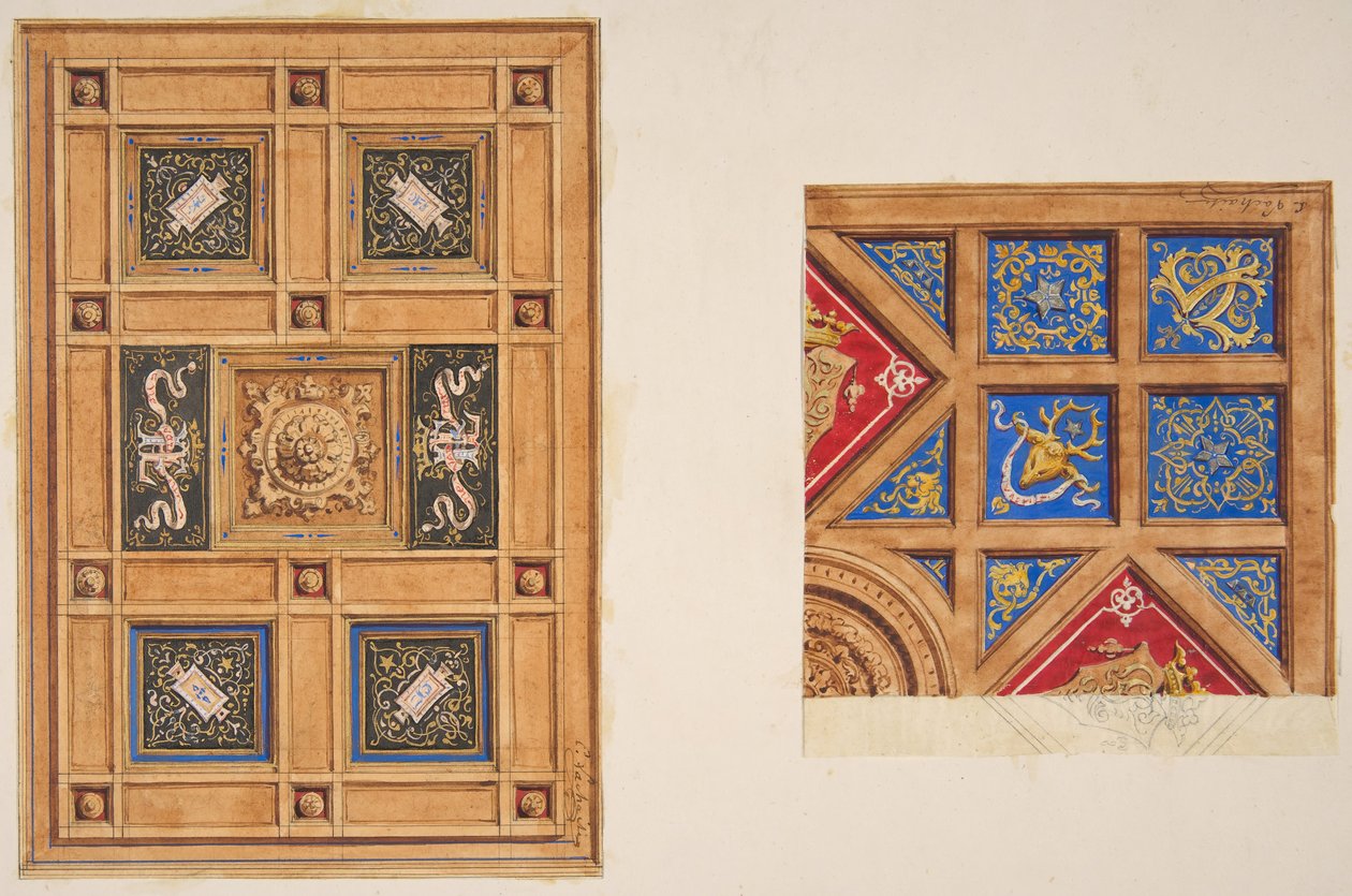 Dos diseños para techo panelado con decoración pintada de Jules Edmond Charles Lachaise and Eugène Pierre Gourdet