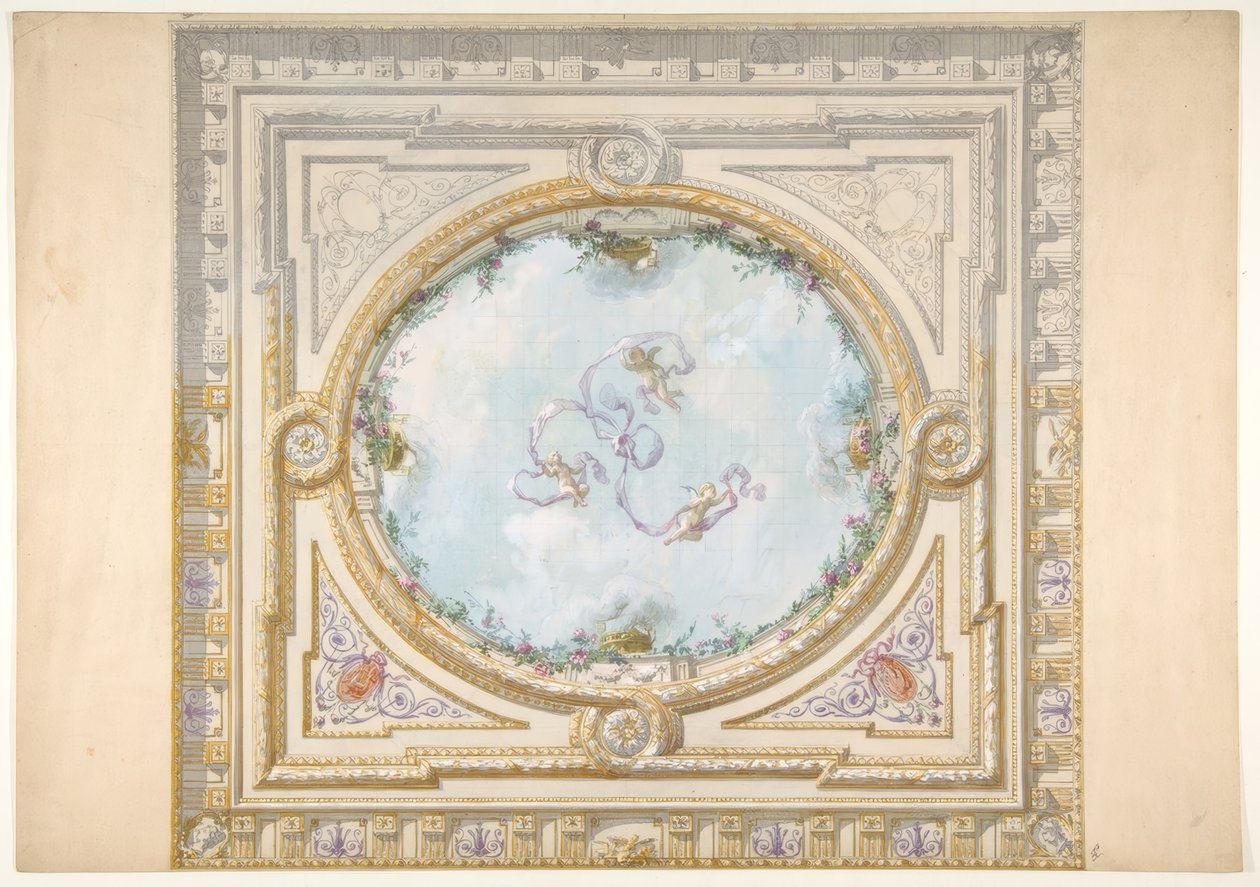 Diseño para un techo en estilo rococó con un óculo trampantojo de Jules Edmond Charles Lachaise