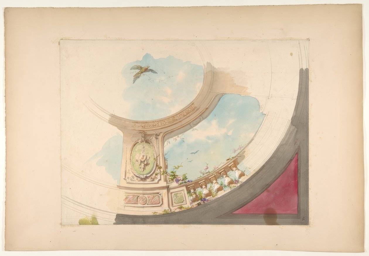 Diseño para un techo con balaustrada y cielo trampantojo de Jules Edmond Charles Lachaise
