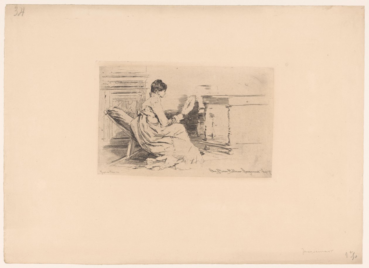 Mujer con ventilador en silla baja de Jules Ferdinand Jacquemart (attributed to)