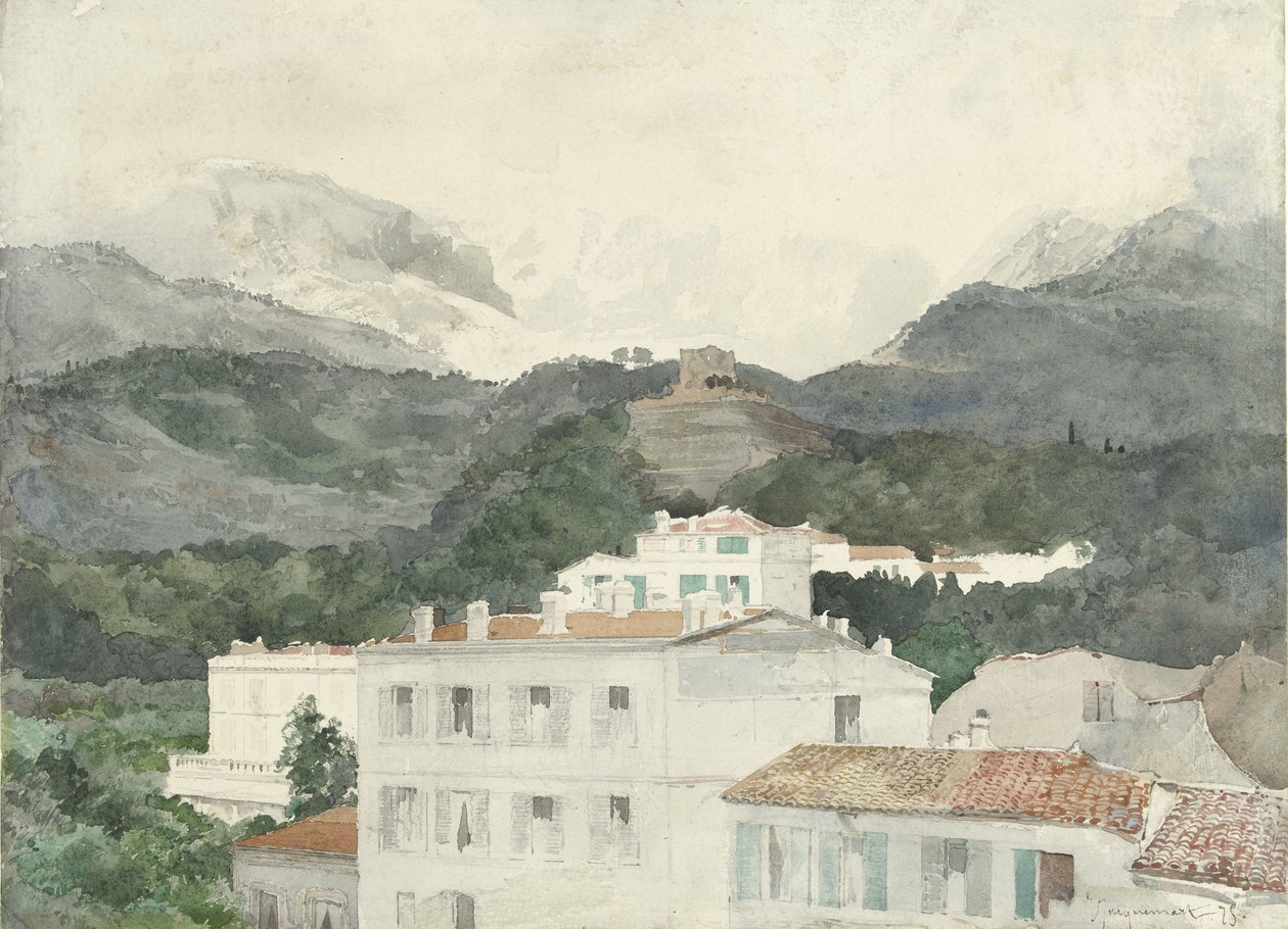 Casas de campo al pie de las montañas, altas montañas por delante, La Turbie de Jules Ferdinand Jacquemart
