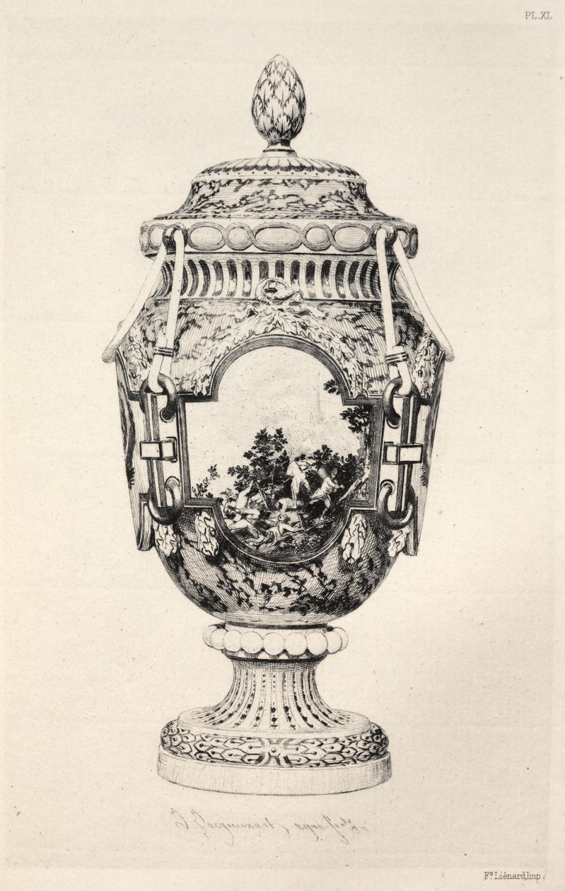 Historia del Arte Cerámico: Estudio descriptivo y filosófico de la alfarería de todas las épocas y naciones: Francia: Sèvres- Porcelana blanda- Jarrón conmemorativo de la batalla de Fontenoy (Lámina XI) de Jules Jacquemart