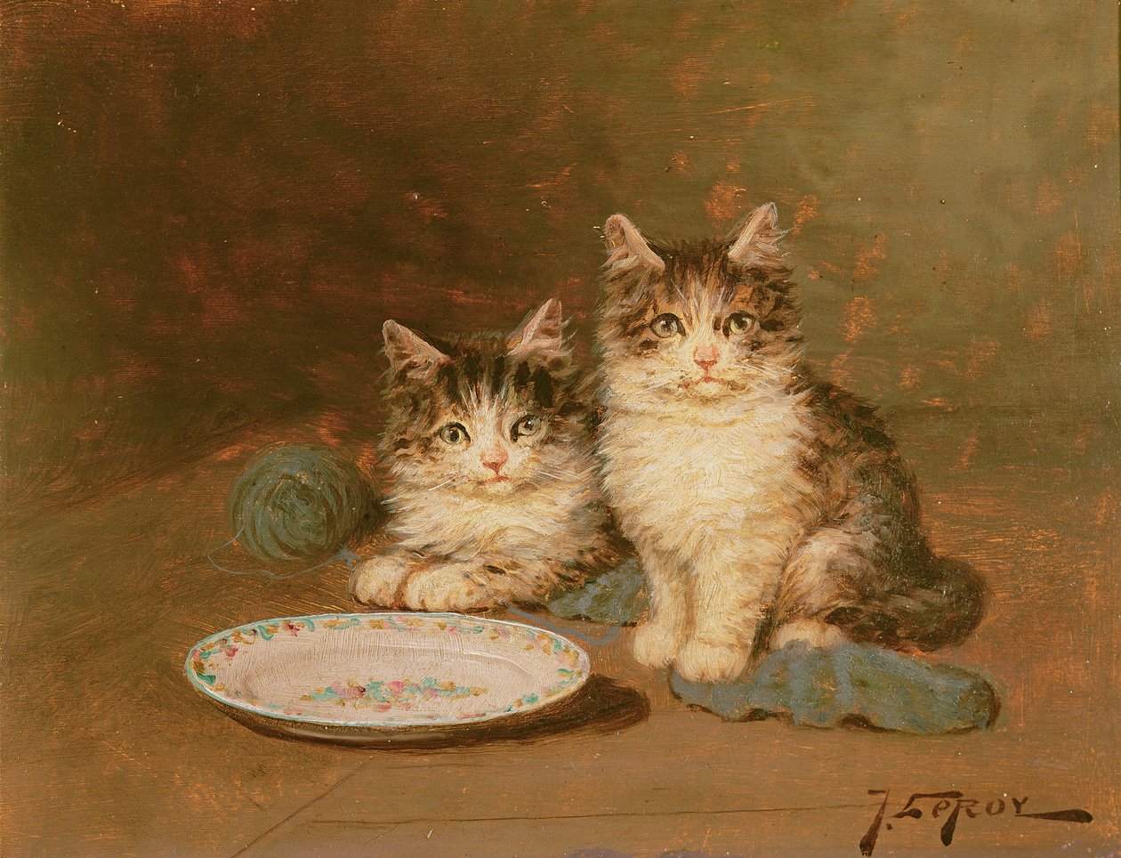 Dos gatitos con un cuenco vacío (óleo sobre tabla) de Jules Leroy