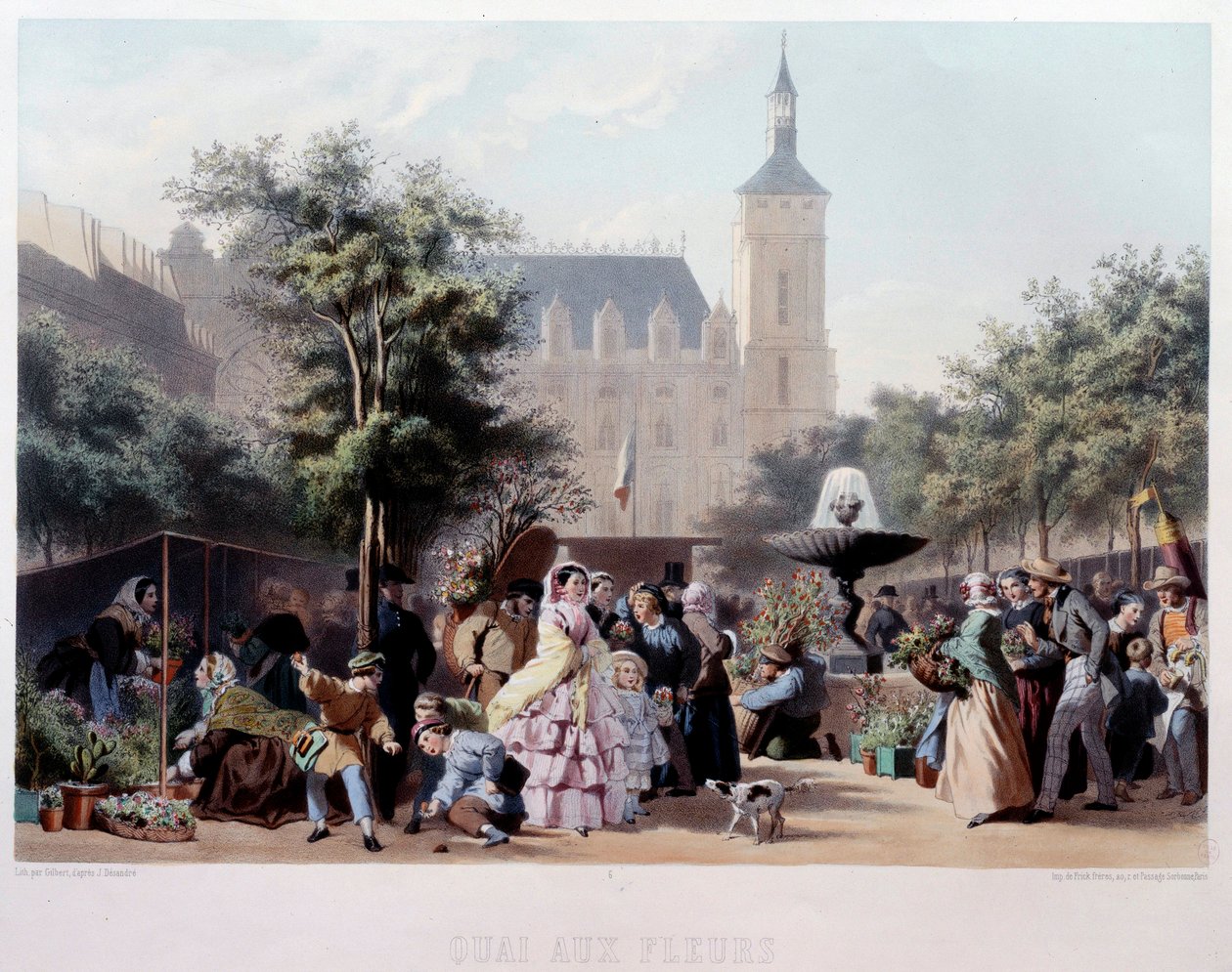 Vista del Quai aux Fleurs en París. El paseo por la Île de la Cité. Litografía de Jules Marie Desandre (1845-?) siglo XIX París, Museo Carnavalet de Jules Marie Desandre
