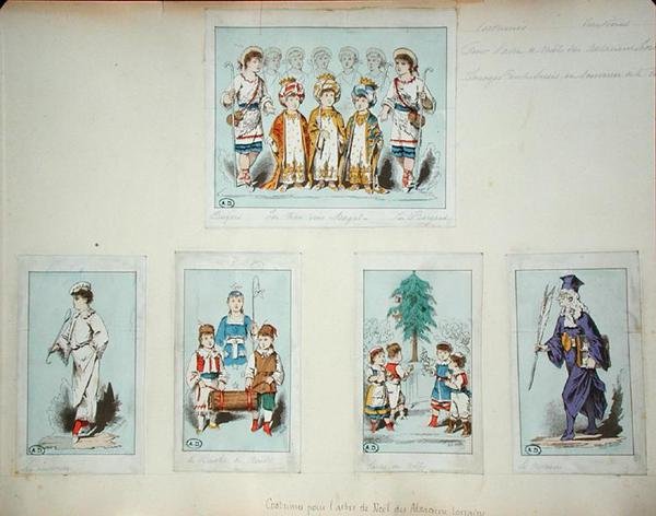 Trajes para el árbol de Navidad de Alsacia-Lorena (grabado en color) de Jules Marre
