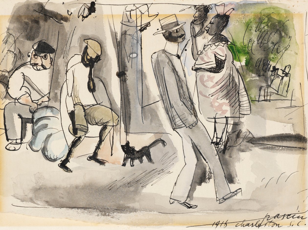 Figuras y gato en el parque de Jules Pascin