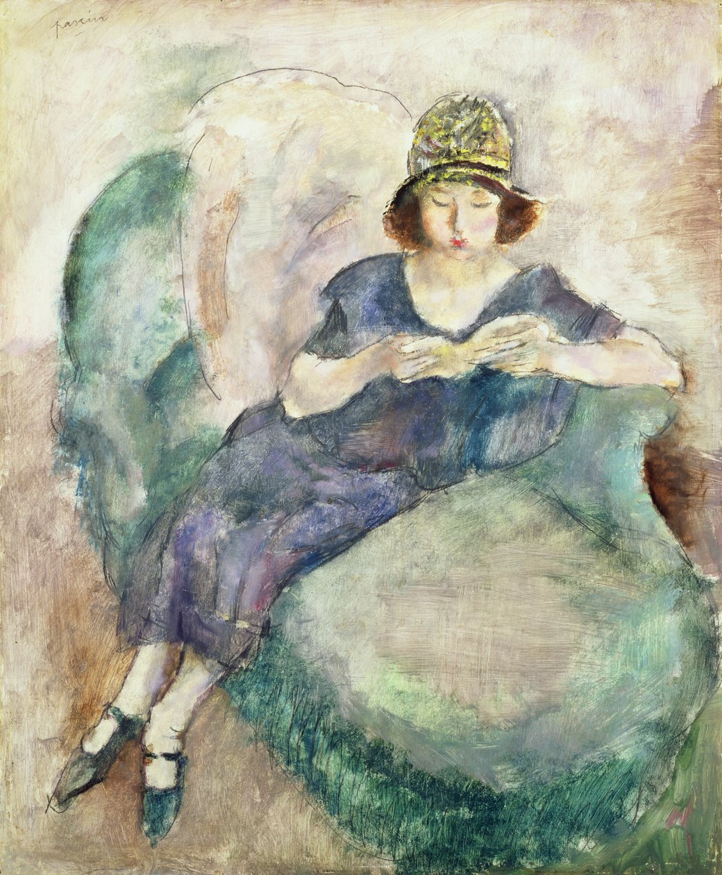 Niña de azul leyendo en un sofá de Jules Pascin