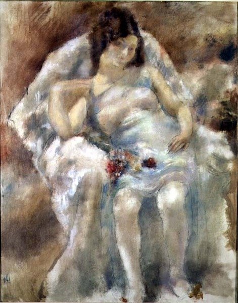 Joven mujer sentada con flores de Jules Pascin