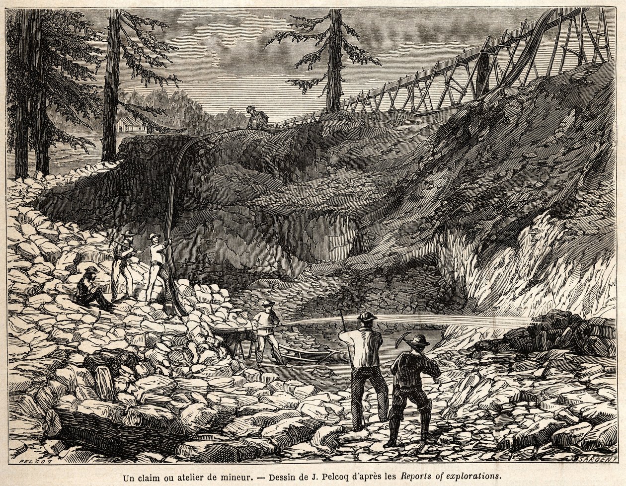 Una concesión minera o taller en California, dibujo de Jules Pelcoq, para ilustrar la historia del viaje del Barón de Wogan a California en 1850-1852. Grabado en “Le tour du monde, nouveau journal des voyages” París de Jules Pelcoq