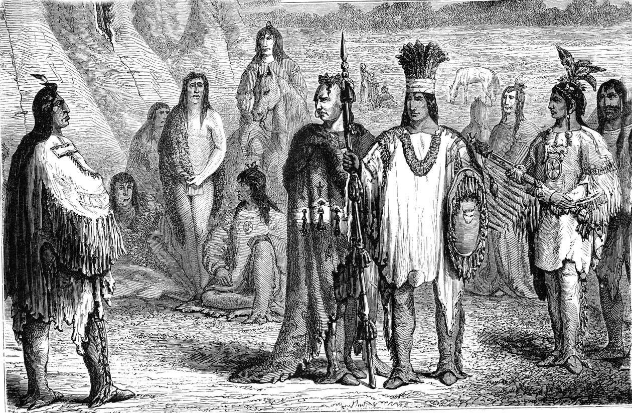 Indios CREEKS, del Sureste de los Estados Unidos. Grabado 1885 de Jules Pelcoq