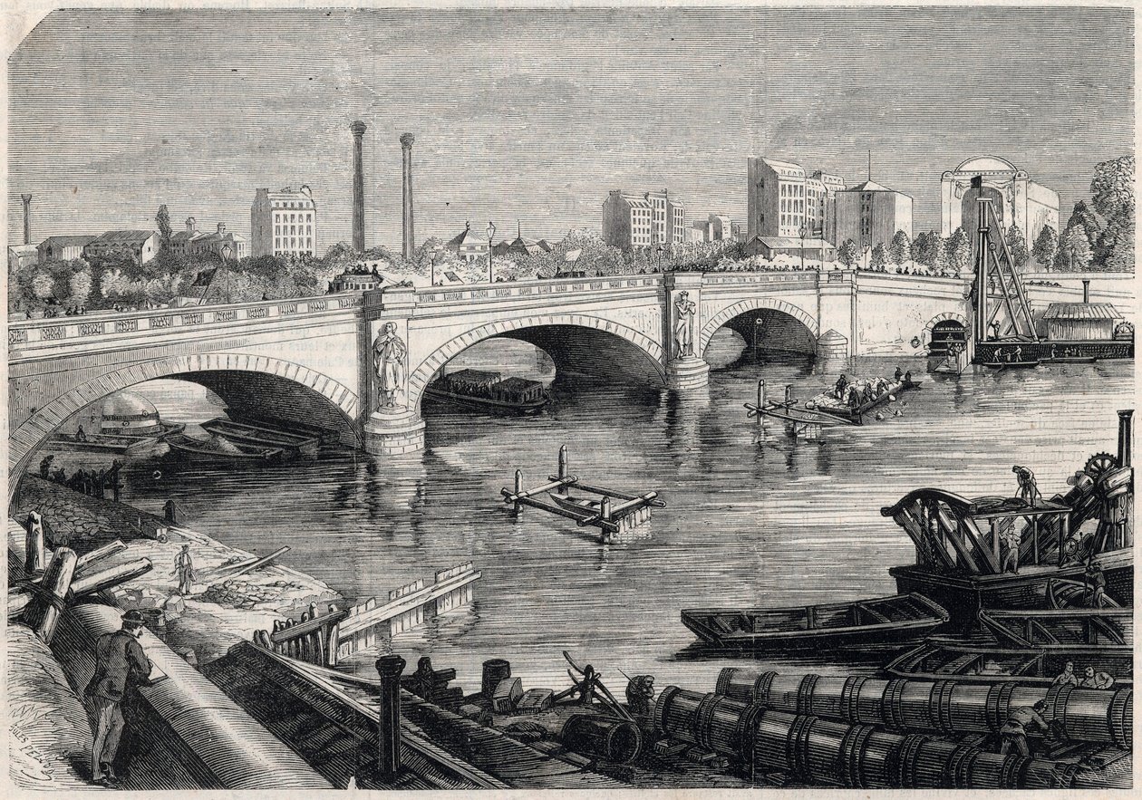 Transformaciones de París bajo el Segundo Imperio, Haussmann París: obras realizadas frente al puente del Alma en París para el paso del colector de alcantarillado en el fondo del Sena. Dibujo de Jules Pelcoq. Grabado en "El Universo Ilustre". de Jules Pelcoq